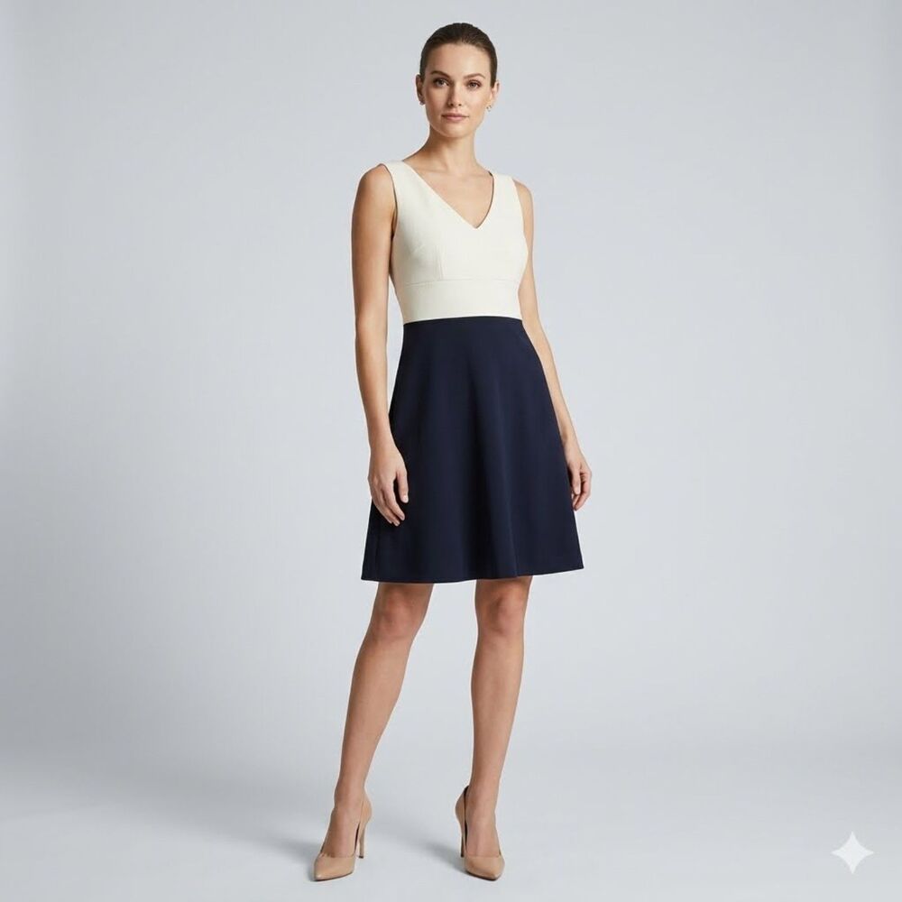 J. Crew Color Block Dress Size 2 Ivory Navy Blue V-Neck Ponte Knit Career